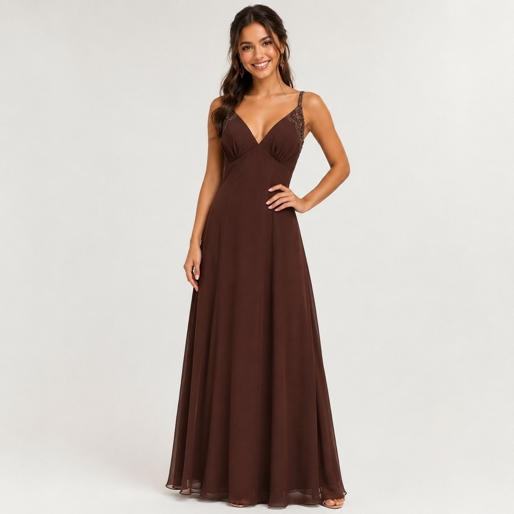 Vintage 90s Babydoll Beaded Gown S Brown Maxi Dress Autumn Wedding Guest Prom